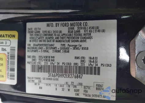 2014 Ford Fusion Se из США, поврежденный, VIN 3FA6P0H92ER276847